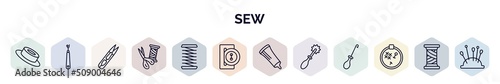set of sew web icons in outline style. thin line icons such as grommet, ripper, thread nippers, sewing equipment, coil, buttonhole, glue stick, tracing wheel, embroidery hoop icon.
