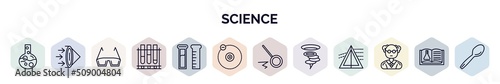 set of science web icons in outline style. thin line icons such as formula, convex, eye protector, tubes, test tube, electron, pendulum, vortex, professor icon.