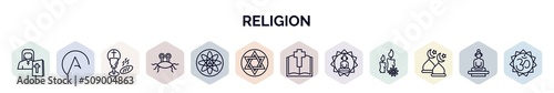 set of religion web icons in outline style. thin line icons such as orthodox, atheism, communion, pastafarianism, agticism, judaism, gospel, buddhism, abrahamic icon.