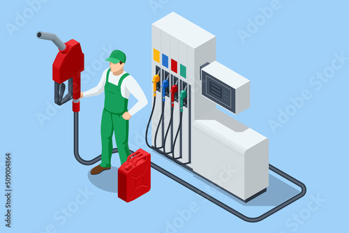 Isometric fuel pumps at a gas station. Colorful Petrol pump filling nozzles.