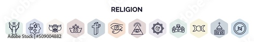 set of religion web icons in outline style. thin line icons such as angel, monotheism, ganesha, heresy, cross, eye of ra, cao dai, rub el hizb, goddess icon.