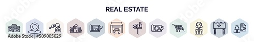 set of real estate web icons in outline style. thin line icons such as duplex, map location, house key, villa, plans, garage, mailbox, technical drawing, agent icon.