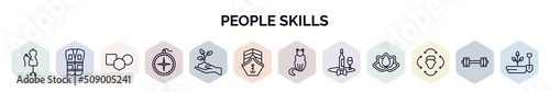 set of people skills web icons in outline style. thin line icons such as seamstrees, safety vesty, shapes, big compass, environment, cargo ship front view, ailurophile, sommelier, sensitivity,