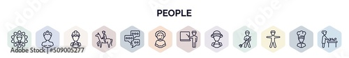 set of people web icons in outline style. thin line icons such as preferences, sumo fighter, constructor, man riding a horse, chat group, pierrot, school teacher, farmers, standing frontal man,