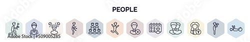 set of people web icons in outline style. thin line icons such as give flower, curier, man angry, stoh ache, relation, happy man jumping, bad employee, meeting date, psychologist icon.