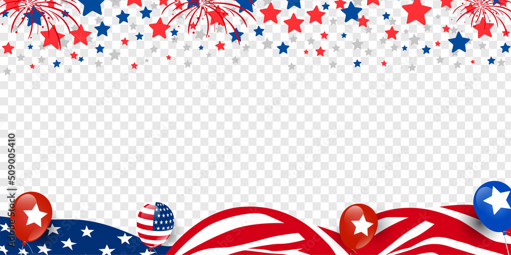Fototapeta premium American event celebration transparent banner background waving USA flag, balloon, star, firework, etc. Vector illustration.