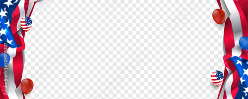 The United States of America celebrates transparent banner background with fireworks, balloons, USA flag. Vector illustration.