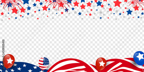 American event celebration transparent banner background waving USA flag, balloon, star, firework, etc. Vector illustration.