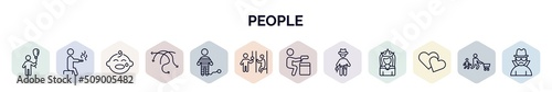 set of people web icons in outline style. thin line icons such as boy with balloon, smoking man, crying baby, complex, war prisioner, pregnant priority, criminal heist, cowboy with a gun, two