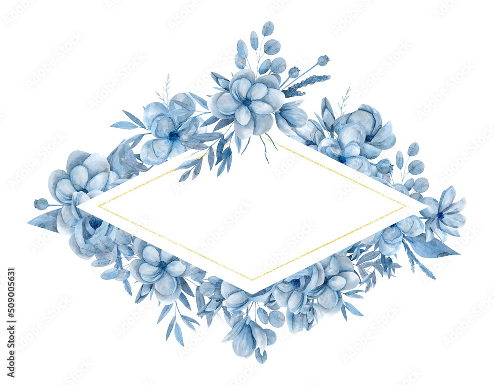 Watercolor hand drawn frame with blue magnolia flowers