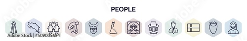 set of people web icons in outline style. thin line icons such as korean, costa rica, lesbian couple, burden, devil mask, elegant, vitruvian man, zorro, norwegian icon.