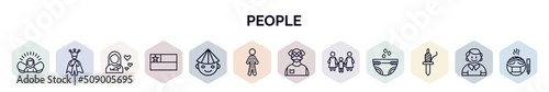 set of people web icons in outline style. thin line icons such as grace, emperor, mother and baby, chilean, vietnamese, hairy, old man, lesbian couple and son, spindle icon.