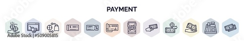 set of payment web icons in outline style. thin line icons such as financial, online shopping, trade, cheque, discount voucher, check, mobile transfer, payment, buyer icon.