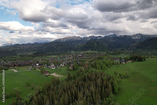 Aerial landscape. View of the Tatra Mountains. A beautiful sunny day. Zakopane, Poland 