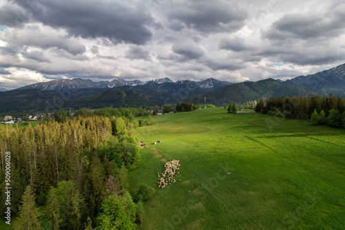 Aerial landscape. View of the Tatra Mountains. A beautiful sunny day. Zakopane, Poland 