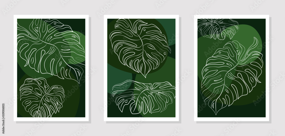 Paintings with contour drawings of monstera leaves on a green background, vector art for printing on paintings, banners or posters Paintings with contour drawings of monstera leaves on a green background, vector art for printing on paintings, banners or posters