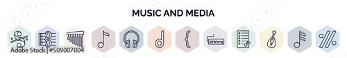 set of music and media web icons in outline style. thin line icons such as segno, alto clef, chimes, eighth note, music player headphones, minim, brace, melodica, mandolin icon.
