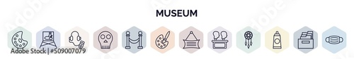 set of museum web icons in outline style. thin line icons such as palette, museum canvas, audio guide, anthropology, museum fencing, painting, , remains, acrylic icon.