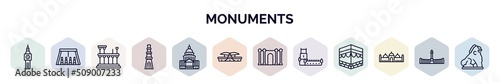 set of monuments web icons in outline style. thin line icons such as the clock tower, abu simbel, roman theatre of merida, qutb minar in new delhi, united states capitol, dpr/mpr building,
