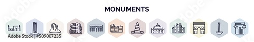 set of monuments web icons in outline style. thin line icons such as id kah mosque, circle, canyon, pula arena, segovia aqueduct, denmark, great mosque of samarra, thatbyinnyu temple, arc of photo