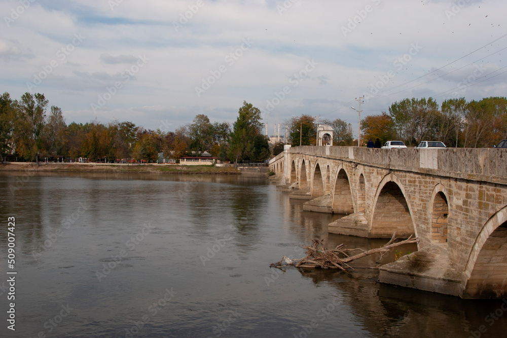 Meric River and the bridge in Edirne, Turkey