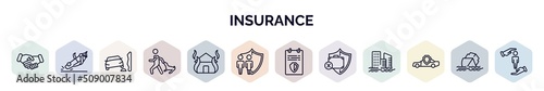 set of insurance web icons in outline style. thin line icons such as shake hands, overturned car, stone on the road, bite, fire insurance, family insurance, license, unemployed, car icon.
