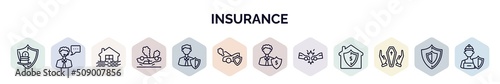 set of insurance web icons in outline style. thin line icons such as retirement, insurance advice, flooded house, overturned vehicle, insurance agent, engine problems, beneficiary, frontal crash,