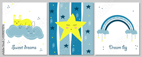 Set of cute baby shower cards including, clouds, star, bunny, she and modern calligraphy phrases: dream big twinkle little star. Vector illustration for invitations, greeting cards, posters
