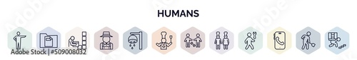 set of humans web icons in outline style. thin line icons such as man pointing, single file, storekeeper, gardener with hat, showering, kitchen chef, people trading, cooker couple, smartphone call,