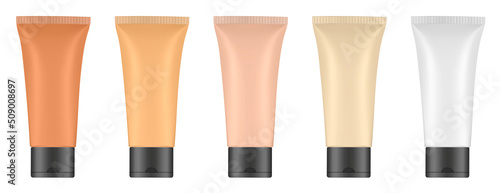 Set of nude beige tubes. 3d mockup. Shades of natural beige color. Concealer or foundation. Salve or ointment. Black cap. Plastic bottle.