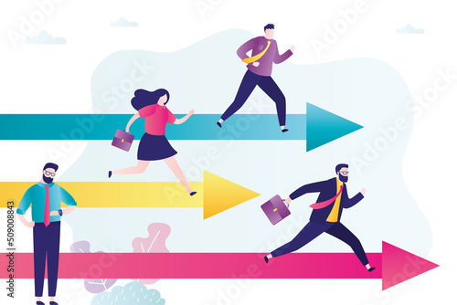 Entrepreneurs participate in business competition. Employees overcome obstacles to achieve goals. Career race and leadership. Colleagues, corporate competition. Winner and losers.
