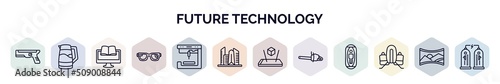 set of future technology web icons in outline style. thin line icons such as blaster, kettle, online learning, smart glasses, 3d printer, cityscape, augmented reality, chainsaw, jetpack