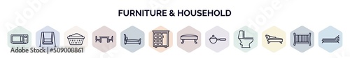 set of furniture & household web icons in outline style. thin line icons such as microwave, porch swing, laundry hamper, dining room, sleigh bed, drawers, hassock, small saucepan, fainting couch,