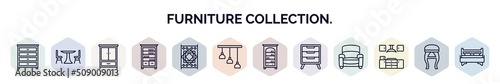set of furniture collection. web icons in outline style. thin line icons such as dresser, table with chair, clo, bookshelve, carpet, chandelier, bookcase, bedside table, kitchen furniture
