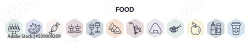 set of food web icons in outline style. thin line icons such as dish and toothpick, melon slice, toffee, canape, stemware, japanese sushi, mover, rice ball with seaweed, fruit icon.