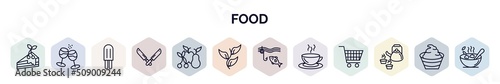set of food web icons in outline style. thin line icons such as cake graphic, glasses of wine, ice lolly, knifes, fruits, herb, fishing line, hot drinks, japanese tea pot icon.