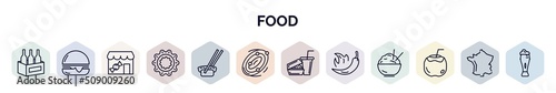 set of food web icons in outline style. thin line icons such as wine bottles in a box, hamburger with bacoon, candy shop, flower shaped biscuits, sushi and chopsticks, milky, hamburger and drink,