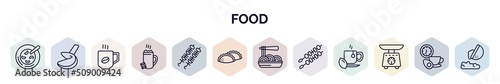 set of food web icons in outline style. thin line icons such as red bean soup, fortune cookie, hot coffee cup, hot chote, brochette, dumpling, pasta, kebab, scale balanced tool icon.