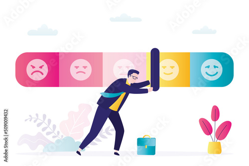 Customer experience. Male user moves slider on measurement scale. Positive feedback, online survey. Testimonials, high rank. Good quality product or service.