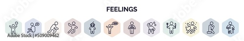 set of feelings web icons in outline style. thin line icons such as happy human, helpless human, ready human, excited horrible energized good anxious fantastic icon.