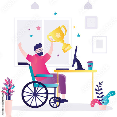 Businessman rejoices in award. Concept of leadership and goal achievement. Modern office interior design