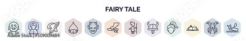 set of fairy tale web icons in outline style. thin line icons such as monster, fairy godmother, valkyrie, troll, devil, gryphon, curupira, viking, fairy tale icon.