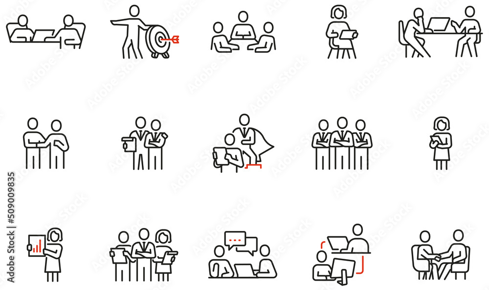 Vector Set of Linear Icons Related to Business Meeting, Discussion, Relationship and Negotiation. Mono Line Pictograms and Infographics Design Elements