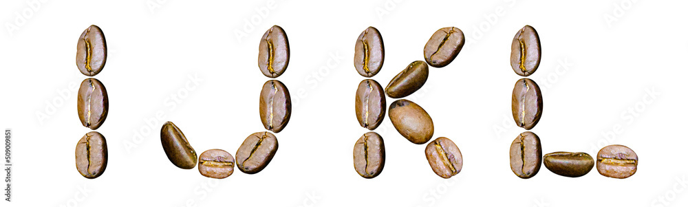Letters I, J, K, L from coffee beans on a white background Letters I, J, K, L from coffee beans on a white background