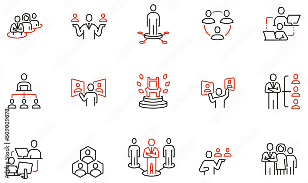 Vector Set of Linear Icons Related to Hierarchy, Enterprise management subordinate structure, Human Resource Management. Mono Line Pictograms and Infographics Design Elements