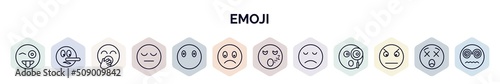 set of emoji web icons in outline style. thin line icons such as tongue emoji, liar emoji, yawning tired without mouth, slightly frowning sleeping disappointed angry icon.