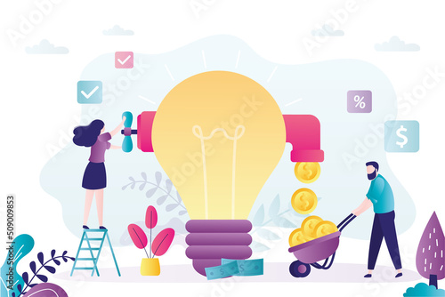 Business people makes money with innovative idea. Tiny girl turns valve and coins pour out of tap. Entrepreneurs increases profits with new business ideas. Monetization concept.