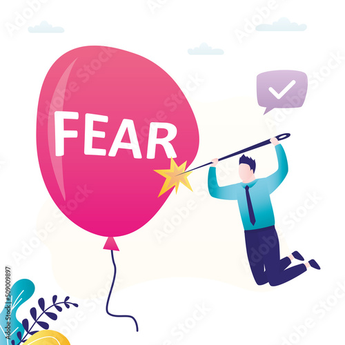 Businessman in jump with needle pierces balloon with inscription fear. Concept of overcoming fears and solving mental problems. Man successfully overcome phobias. Fight against complexes.