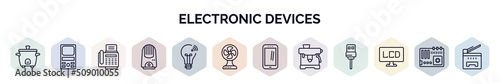 set of electronic devices web icons in outline style. thin line icons such as rice cooker, weighing, fax hine, air purifier, smart light, electric fan, cell phone, espresso maker, lcd icon. photo