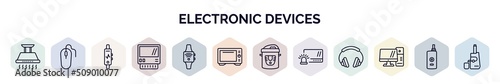 set of electronic devices web icons in outline style. thin line icons such as exhaust hood, mouse, activity tracker, lisa, smartwatch, convection oven, pressure cooker, burglar alarm, personal